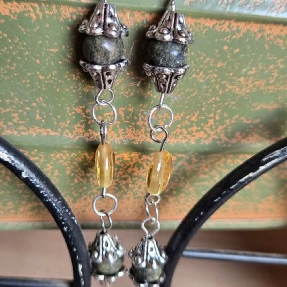 Handcrafted Earth Tone Beaded Dangle Earrings | Amber Glass & Natural Stone